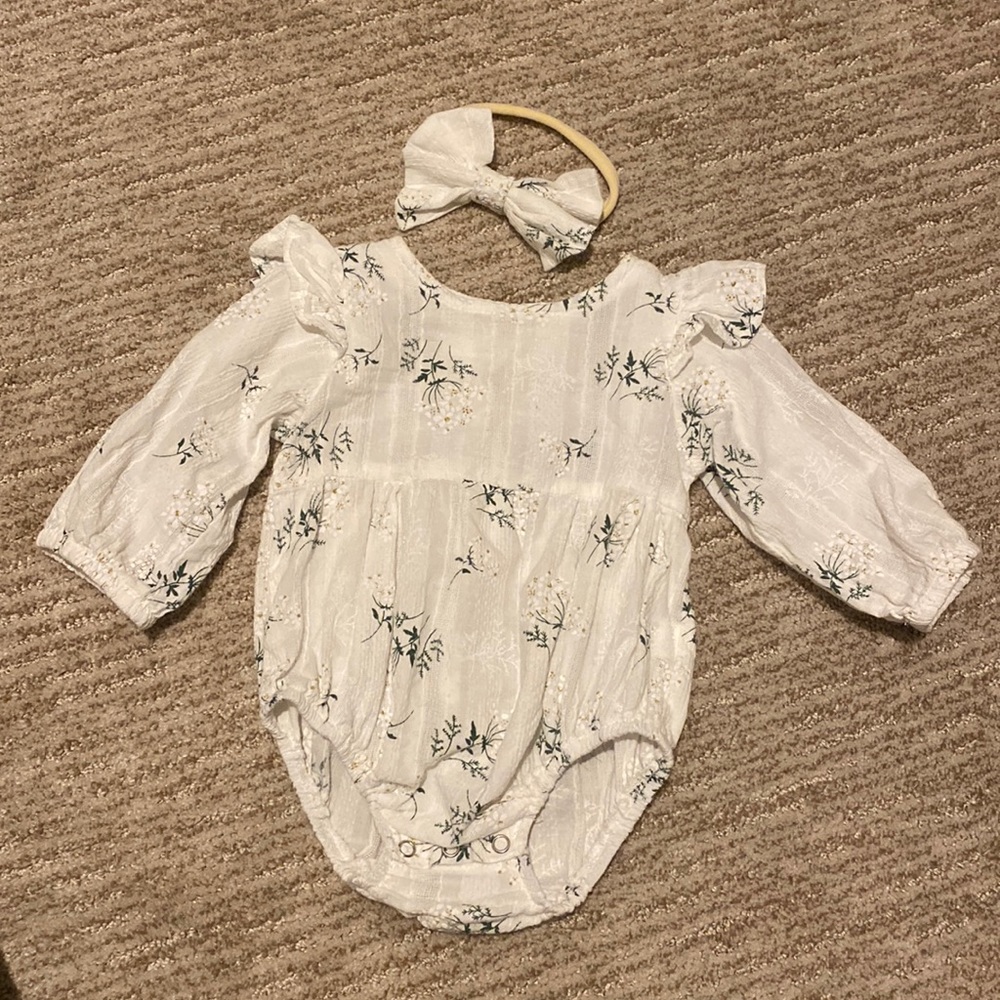 White Floral Baby One-Piece with Headband